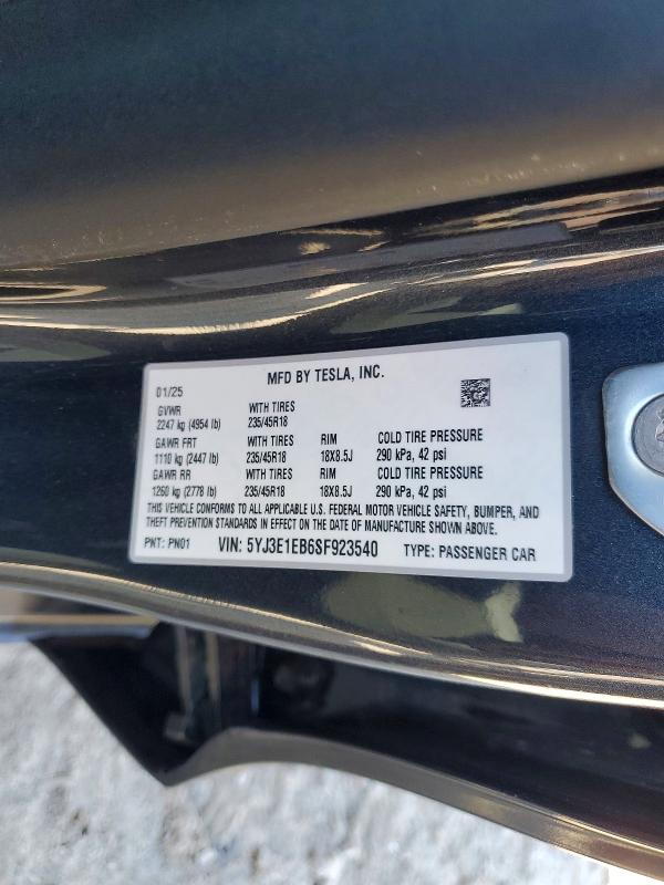 2025 Tesla Model 3 მანქანა იყიდება აუქციონზე, vin: 5YJ3E1EB6SF923540, აუქციონის ნომერი: 58466126