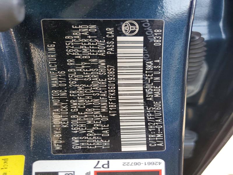 2016 Toyota Camry მანქანა იყიდება აუქციონზე, vin: 4T1BF1FK8GU193857, აუქციონის ნომერი: 56102186