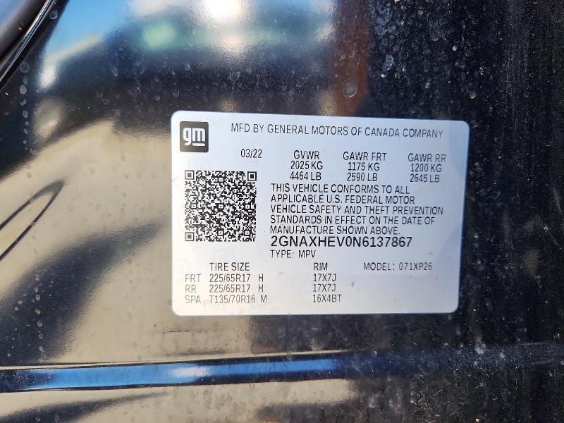 Aukcja sprzedaży 2022 Chevrolet Equinox, vin: 2GNAXHEV0N6137867, numer aukcji: 58066646