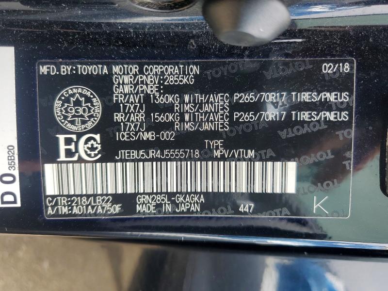 Продажа на аукционе авто 2018 Toyota 4runner, vin: JTEBU5JR4J5555718, номер лота: 55579426