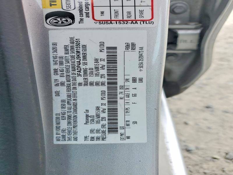 58590616 :رقم المزاد ، 3FADP4AJ9KM155051 vin ، 2019 Ford Fiesta مزاد بيع
