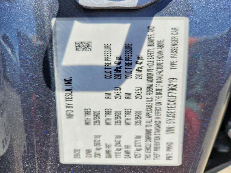 Продаж на аукціоні авто 2020 Tesla Model 3, vin: 5YJ3E1ECXLF796219, номер лоту: 58892286