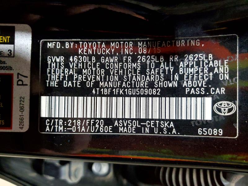 Aukcja sprzedaży 2016 Toyota Camry, vin: 4T1BF1FK1GU509082, numer aukcji: 58138566