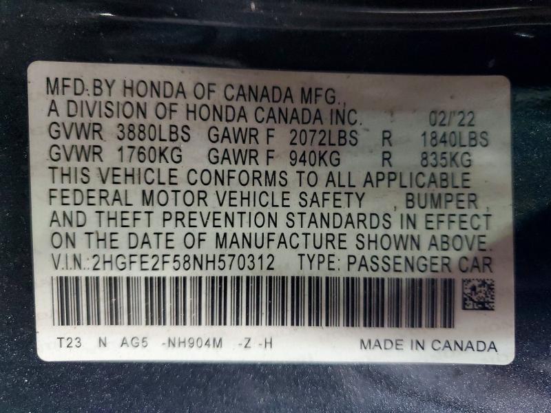 57782186 :رقم المزاد ، 2HGFE2F58NH570312 vin ، 2022 Honda Civic مزاد بيع