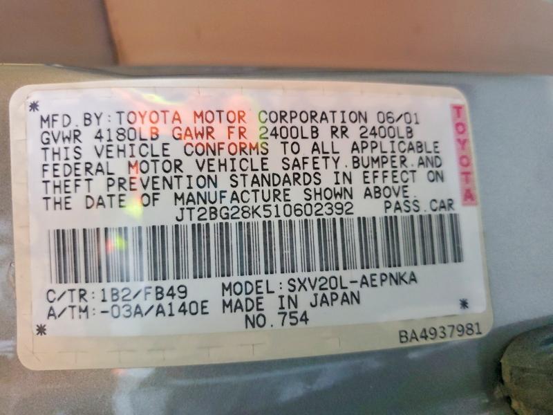 Aukcja sprzedaży 2001 Toyota Camry, vin: JT2BG28K510602392, numer aukcji: 57705056