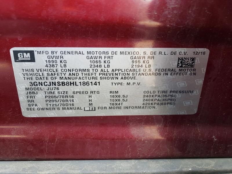2017 Chevrolet Trax მანქანა იყიდება აუქციონზე, vin: 3GNCJNSB8HL186141, აუქციონის ნომერი: 56721646