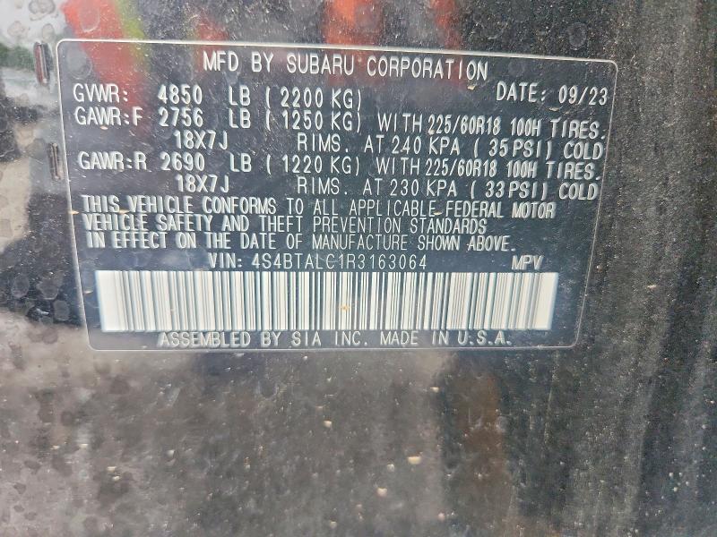 2024 Subaru Outback მანქანა იყიდება აუქციონზე, vin: 4S4BTALC1R3163064, აუქციონის ნომერი: 58001076