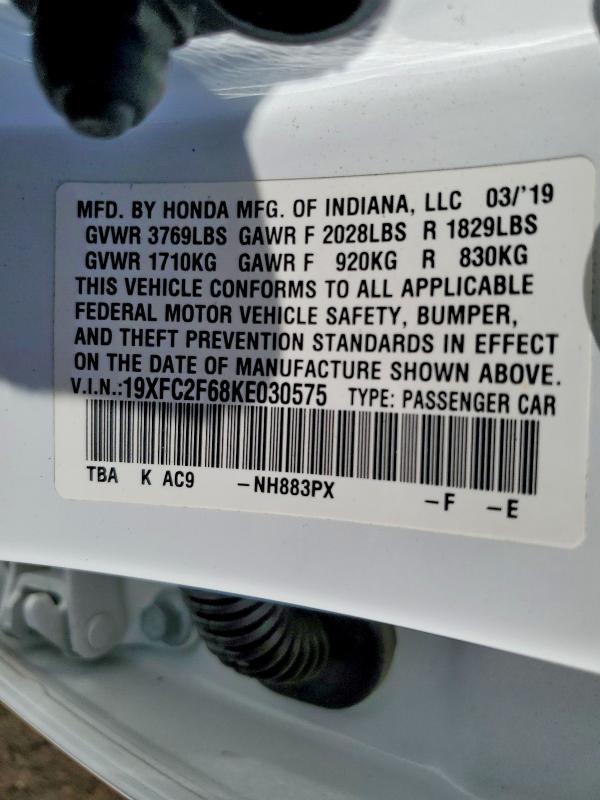 2019 Honda Civic მანქანა იყიდება აუქციონზე, vin: 19XFC2F68KE030575, აუქციონის ნომერი: 55213086