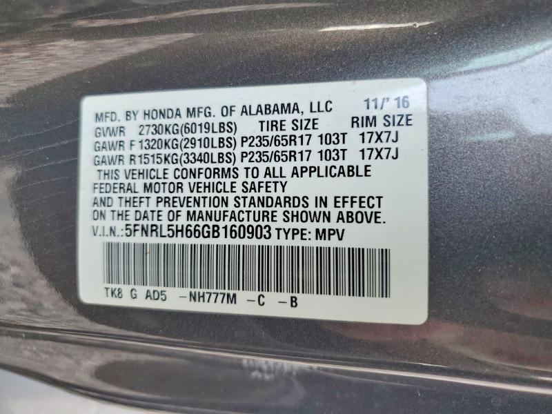 Aukcja sprzedaży 2016 Honda Odyssey, vin: 5FNRL5H66GB160903, numer aukcji: 56686626