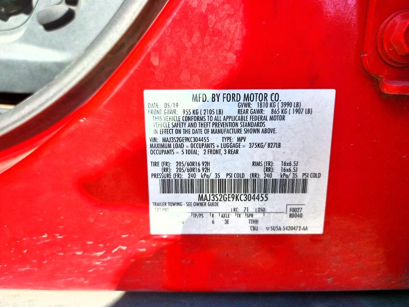 56132306 :رقم المزاد ، MAJ3S2GE9KC304455 vin ، 2019 Ford Ecosport مزاد بيع