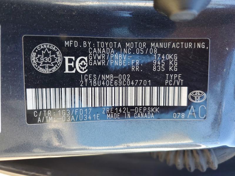 2009 Toyota Corolla მანქანა იყიდება აუქციონზე, vin: 2T1BU40E69C047701, აუქციონის ნომერი: 57016476