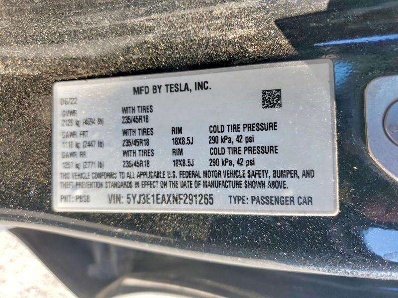 Продаж на аукціоні авто 2022 Tesla Model 3, vin: 5YJ3E1EAXNF291265, номер лоту: 57423566