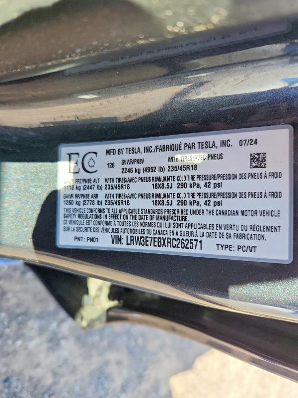 Продажа на аукционе авто 2024 Tesla Model 3, vin: LRW3E7EBXRC262571, номер лота: 55143986
