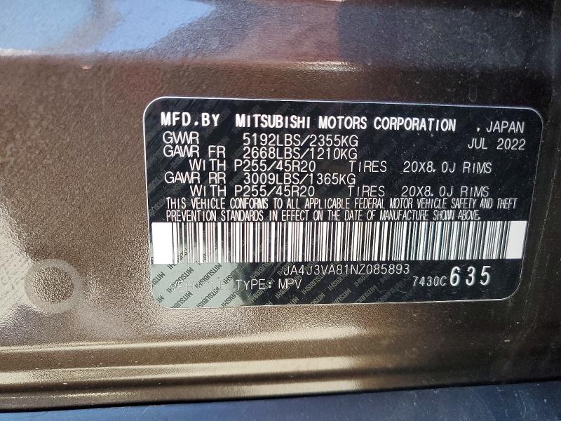 Продаж на аукціоні авто 2022 Mitsubishi Outlander, vin: JA4J3VA81NZ085893, номер лоту: 56341676
