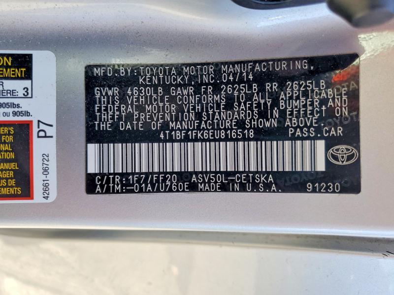2014 Toyota Camry მანქანა იყიდება აუქციონზე, vin: 4T1BF1FK6EU816518, აუქციონის ნომერი: 57245246