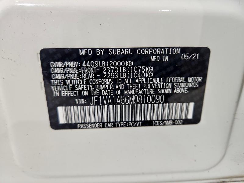 Aukcja sprzedaży 2021 Subaru Wrx, vin: JF1VA1A66M9810090, numer aukcji: 55146846