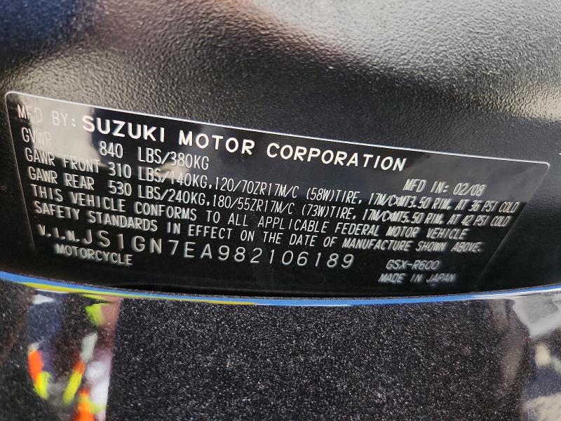 56585956 :رقم المزاد ، JS1GN7EA982106189 vin ، 2008 Suzuki Gsx-r600 مزاد بيع