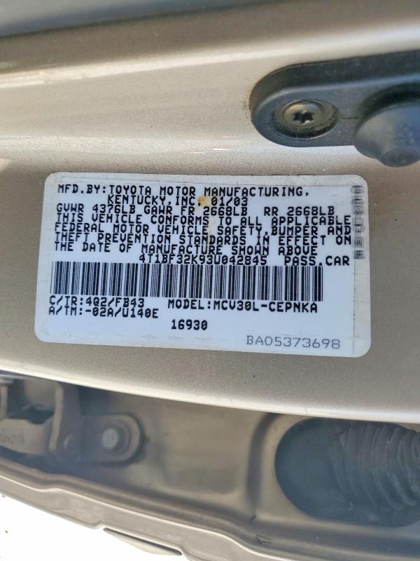 Продажа на аукционе авто 2003 Toyota Camry, vin: 4T1BF32K93U042845, номер лота: 55301046