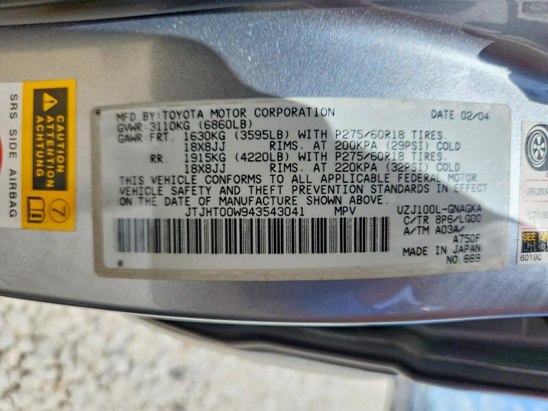 Aukcja sprzedaży 2004 Lexus Lx, vin: JTJHT00W943543041, numer aukcji: 55999946