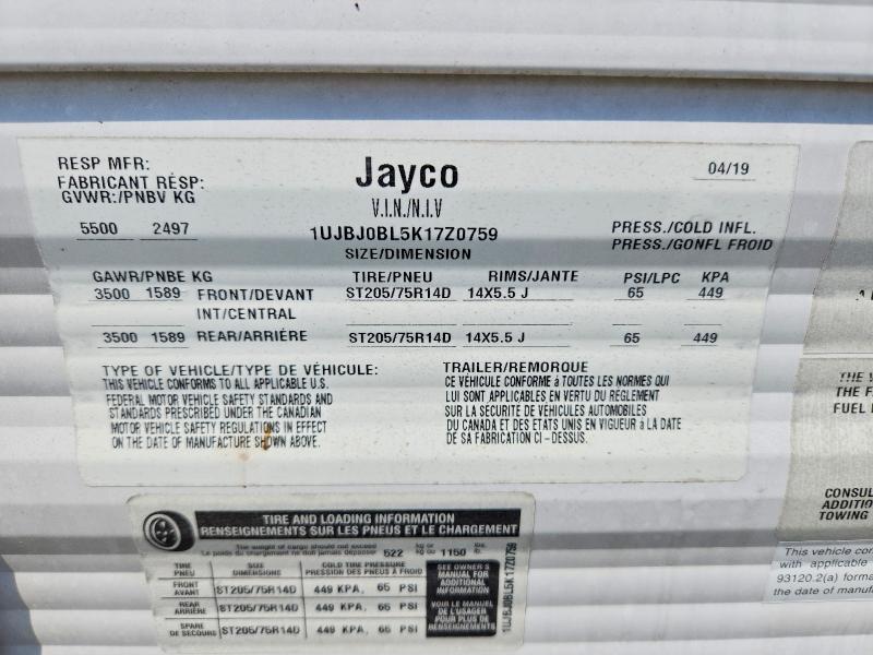 2019 Jayco Jay Jay Flight მანქანა იყიდება აუქციონზე, vin: 1UJBJ0BL5K17Z0759, აუქციონის ნომერი: 56461526