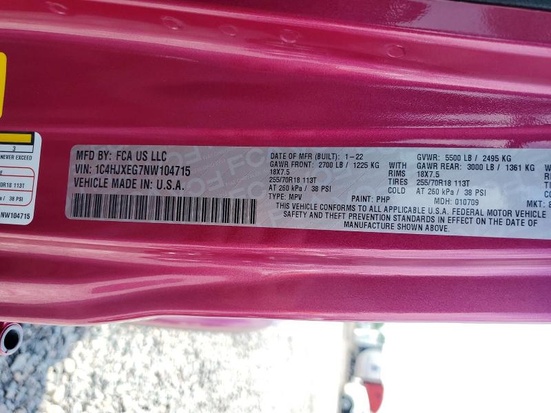 2022 Jeep Wrangler Unlimited მანქანა იყიდება აუქციონზე, vin: 1C4HJXEG7NW104715, აუქციონის ნომერი: 56634556