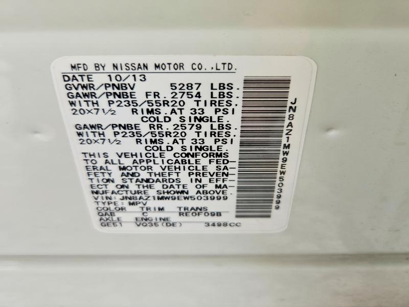 2014 Nissan Murano მანქანა იყიდება აუქციონზე, vin: JN8AZ1MW9EW503999, აუქციონის ნომერი: 58740606