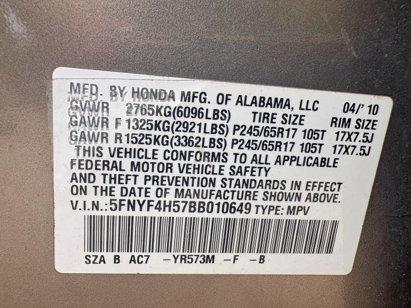 58615986 :رقم المزاد ، 5FNYF4H57BB010649 vin ، 2011 Honda Pilot مزاد بيع