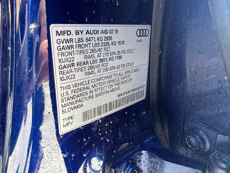 Продаж на аукціоні авто 2019 Audi Q8, vin: WA1FVAF18KD029107, номер лоту: 59606246