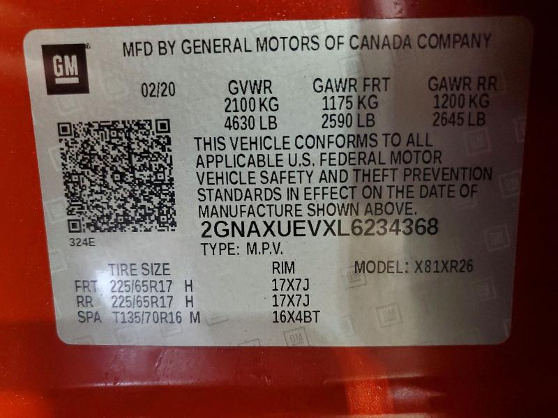 56116906 :رقم المزاد ، 2GNAXUEVXL6234368 vin ، 2020 Chevrolet Equinox مزاد بيع