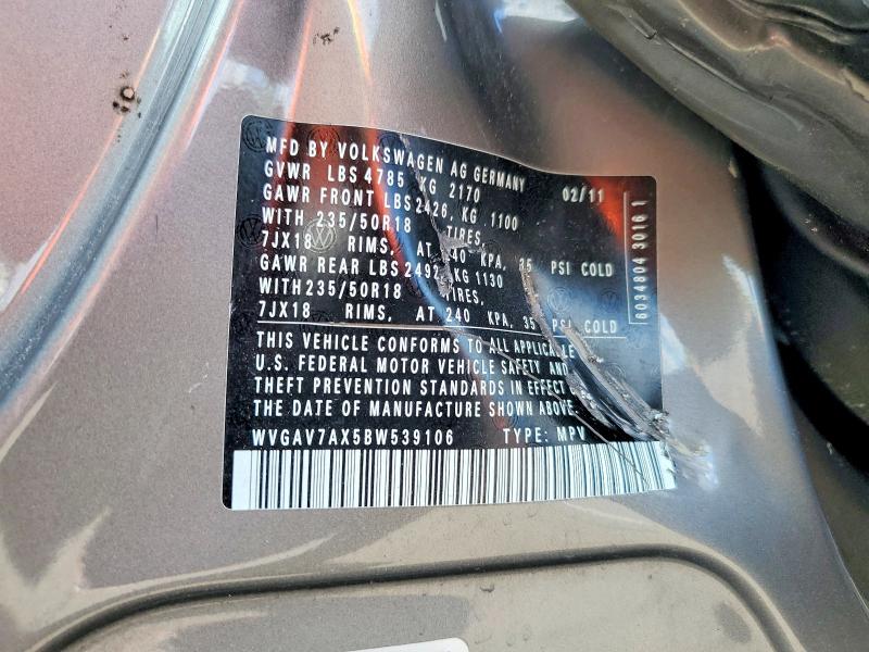 58797326 :رقم المزاد ، WVGAV7AX5BW539106 vin ، 2011 Volkswagen Tiguan مزاد بيع