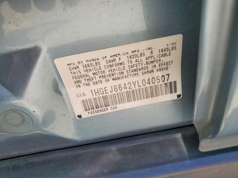 Aukcja sprzedaży 2000 Honda Civic, vin: 1HGEJ8642YL040507, numer aukcji: 57442146