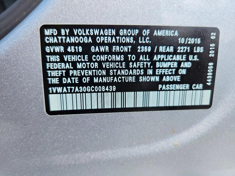 2016 Volkswagen Passat მანქანა იყიდება აუქციონზე, vin: 1VWAT7A30GC008439, აუქციონის ნომერი: 58270236