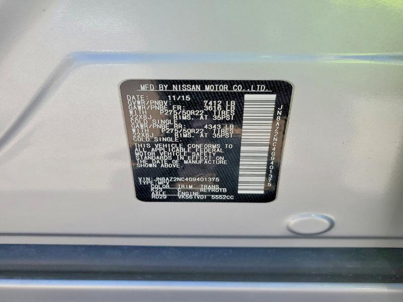 Aukcja sprzedaży 2016 Infiniti Qx80, vin: JN8AZ2NC4G9401375, numer aukcji: 57500056