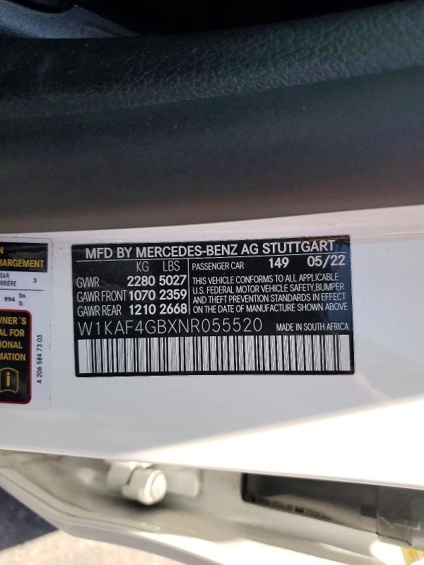 2022 Mercedes-benz C მანქანა იყიდება აუქციონზე, vin: W1KAF4GBXNR055520, აუქციონის ნომერი: 56466896