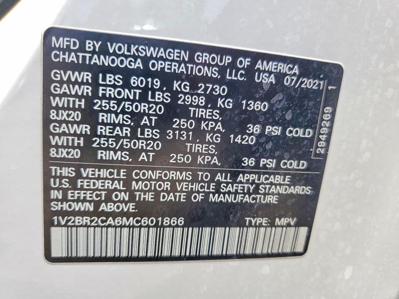 2021 Volkswagen Atlas მანქანა იყიდება აუქციონზე, vin: 1V2BR2CA6MC601866, აუქციონის ნომერი: 55441476