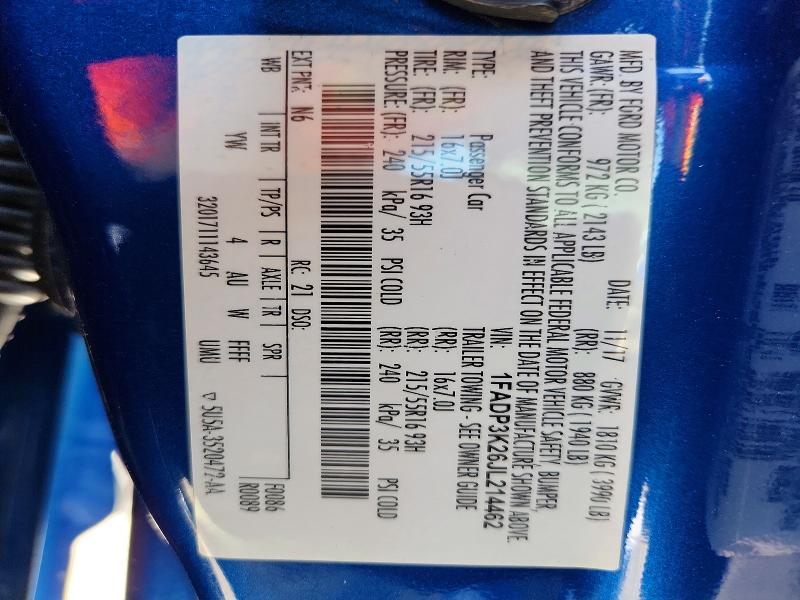 2018 Ford Focus მანქანა იყიდება აუქციონზე, vin: 1FADP3K26JL214462, აუქციონის ნომერი: 56797636