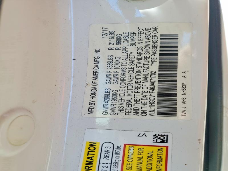 2018 Honda Accord მანქანა იყიდება აუქციონზე, vin: 1HGCV1F46JA071702, აუქციონის ნომერი: 56452906