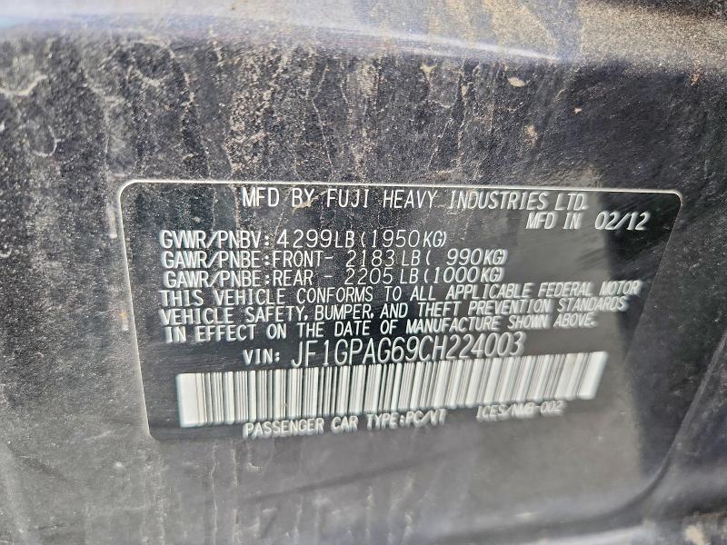 Aukcja sprzedaży 2012 Subaru Impreza, vin: JF1GPAG69CH224003, numer aukcji: 58143336