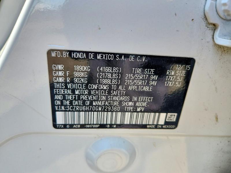 55634066 :رقم المزاد ، 3CZRU6H70GM729360 vin ، 2016 Honda Hr-v مزاد بيع