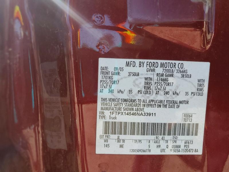 2006 Ford F150 მანქანა იყიდება აუქციონზე, vin: 1FTPX14546NA33911, აუქციონის ნომერი: 55544526