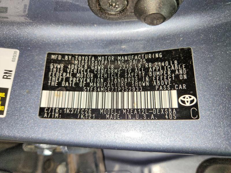 2026 Toyota Corolla მანქანა იყიდება აუქციონზე, vin: 5YFS4MCE7TP252933, აუქციონის ნომერი: 55628056