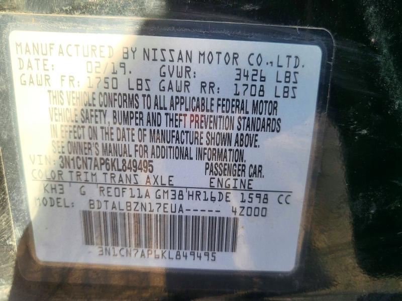 56705276 :رقم المزاد ، 3N1CN7AP6KL849495 vin ، 2019 Nissan Versa مزاد بيع