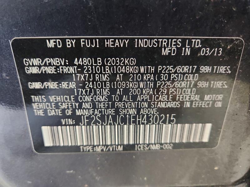 2014 Subaru Forester მანქანა იყიდება აუქციონზე, vin: JF2SJAJC1EH430215, აუქციონის ნომერი: 57015296