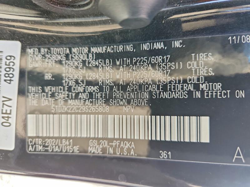 56891056 :رقم المزاد ، 5TDZK22C29S265808 vin ، 2009 Toyota Sienna مزاد بيع