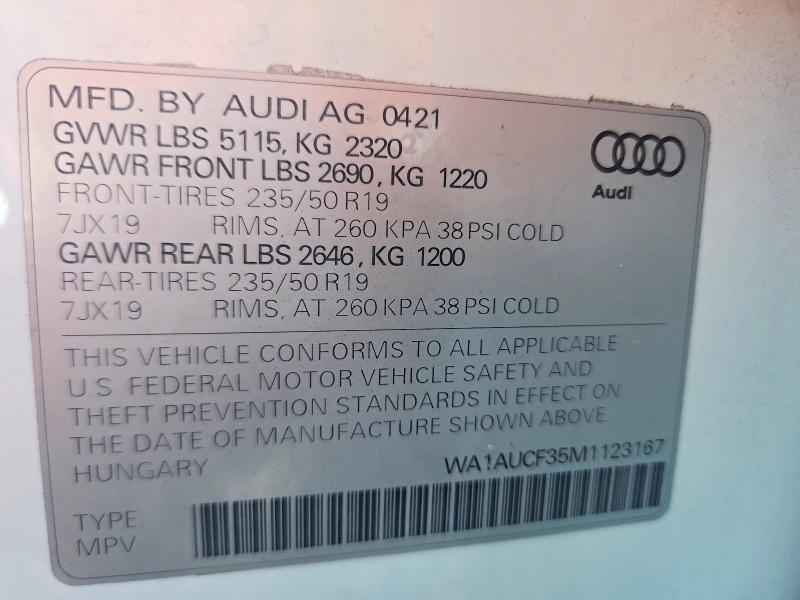 Aukcja sprzedaży 2021 Audi Q3, vin: WA1AUCF35M1123167, numer aukcji: 58236566