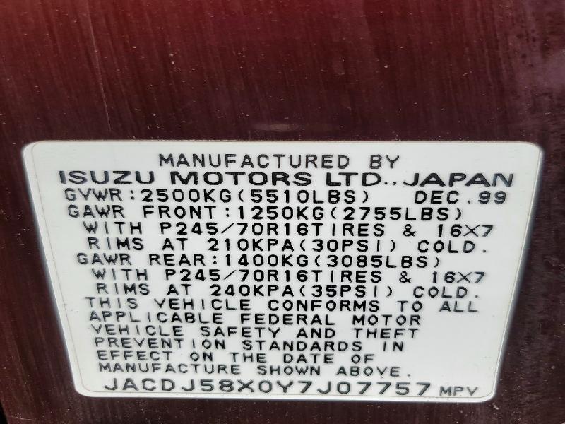 59069946 :رقم المزاد ، JACDJ58X0Y7J07757 vin ، 2000 Isuzu Trooper مزاد بيع