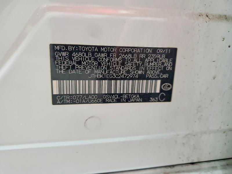 Aukcja sprzedaży 2012 Lexus Es, vin: JTHBK1EG3C2472974, numer aukcji: 85618285