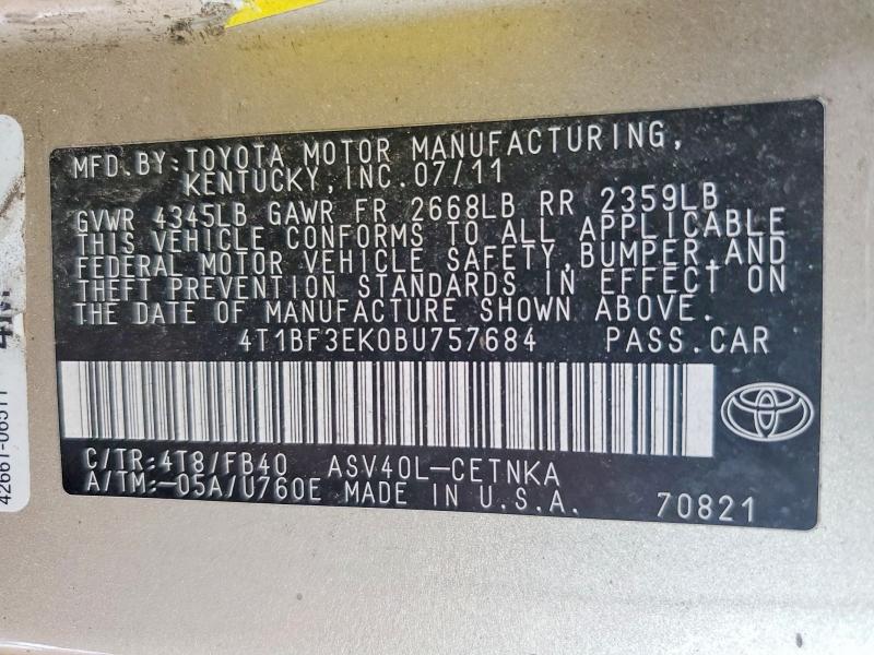 57187566 :رقم المزاد ، 4T1BF3EK0BU757684 vin ، 2011 Toyota Camry Le مزاد بيع