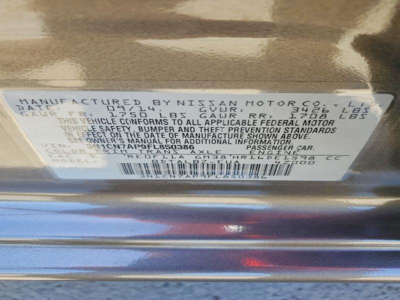 57582476 :رقم المزاد ، 3N1CN7AP9FL850386 vin ، 2015 Nissan Versa مزاد بيع