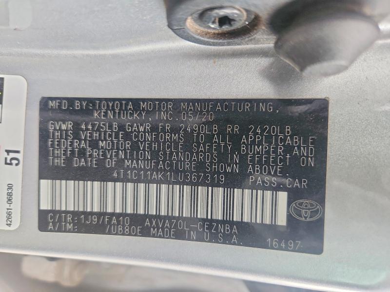 2020 Toyota Camry მანქანა იყიდება აუქციონზე, vin: 4T1C11AK1LU367319, აუქციონის ნომერი: 55656116
